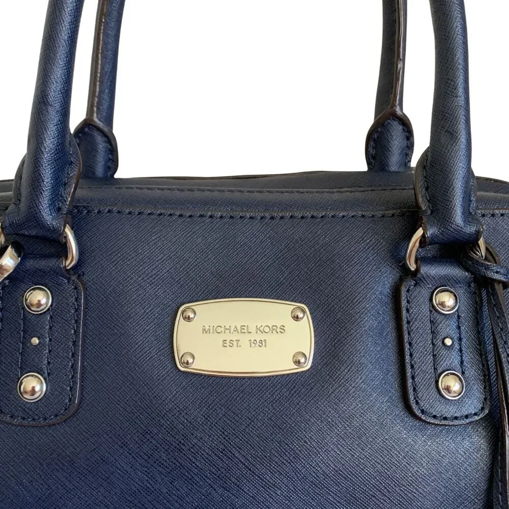 Michael Kors Navy Blue Saffiano Leather Satchel Crossbody Bag Double Top Handle